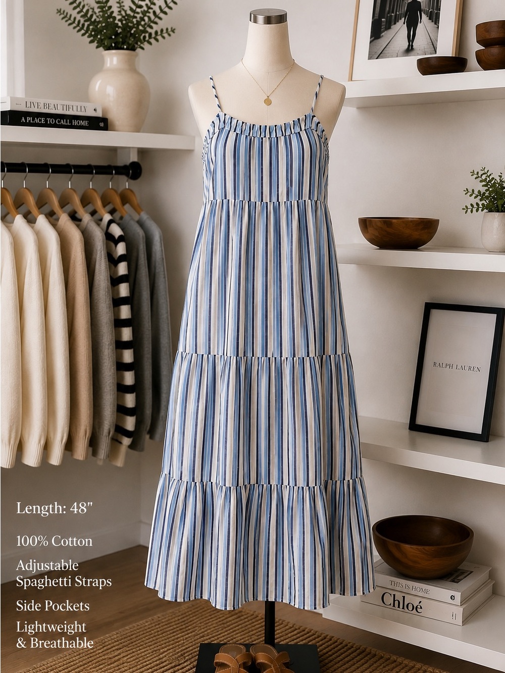 aerie • 100% Cotton Blue Stripe Tiered Maxi Sundress with Pockets • Medium